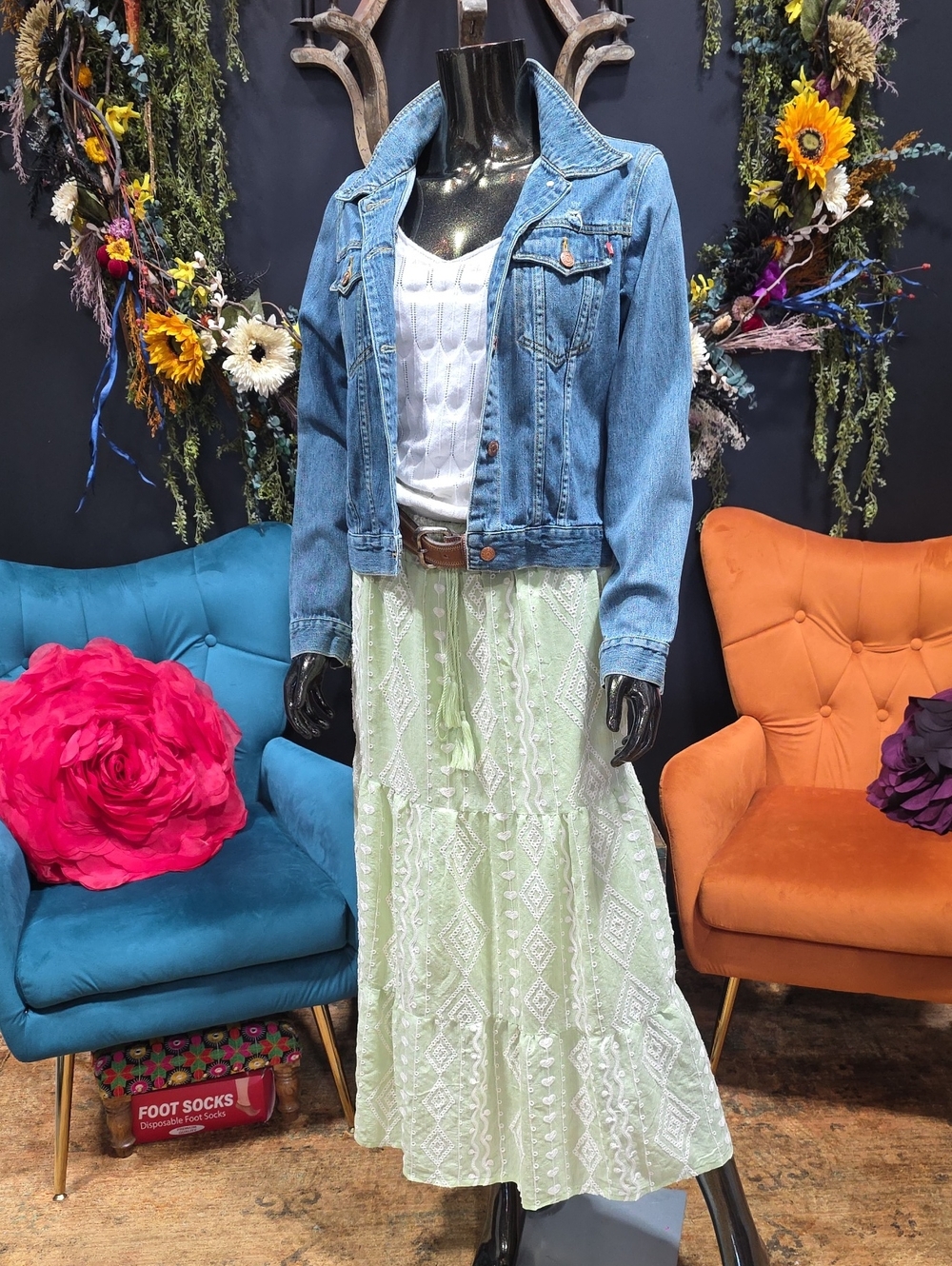 Light Green Embroidered Maxi Skirt - Casual Boho Style